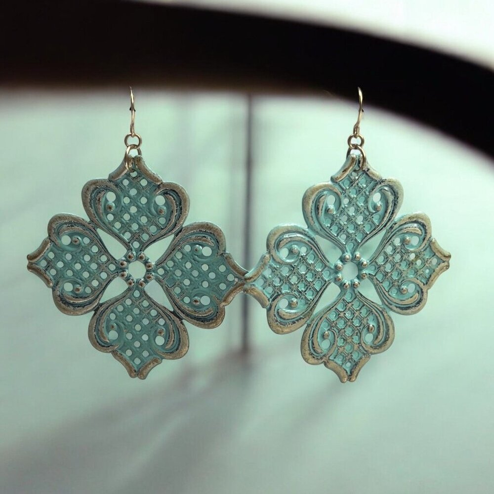 Ornate Filigree Mint Green Floral Earrings With Gold-Tone Accents For Women